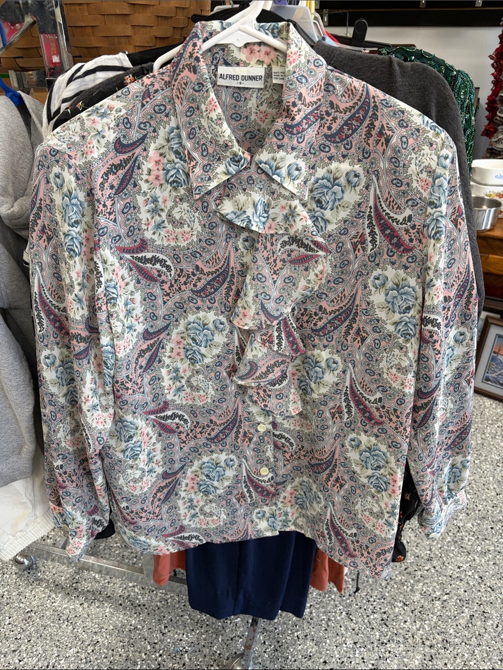 Alfred Dunner Pink, Blue & Cream Paisley Floral Ruffle Shirt Jacket